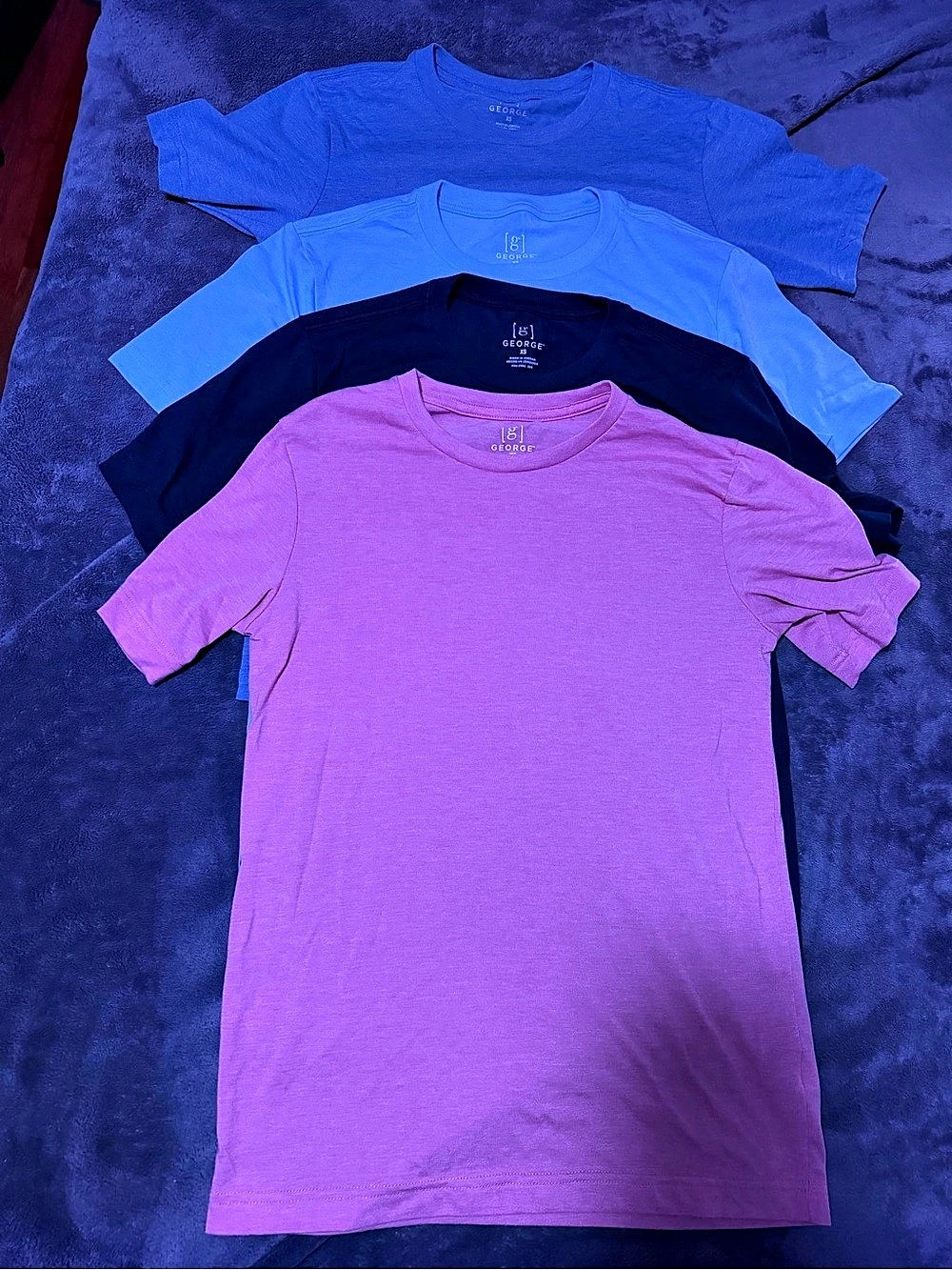 George 4-Pack Short Sleeve Tees in salmon red, navy blue & baby blue, faded blue
